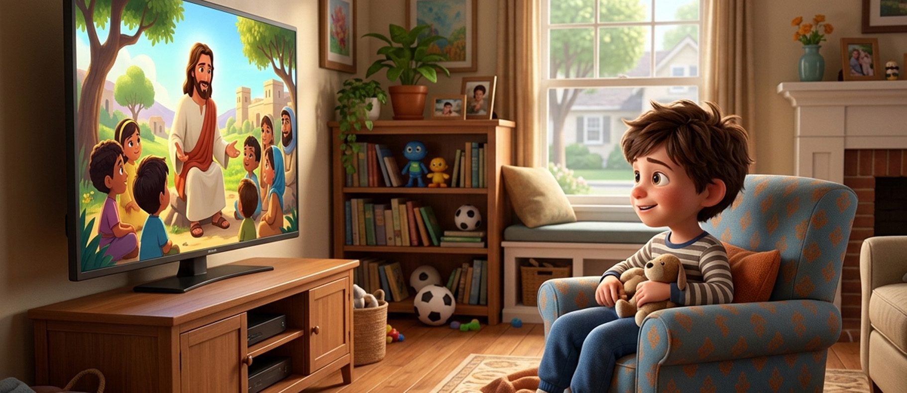 Menino assistindo ao Reino Kids na televisão